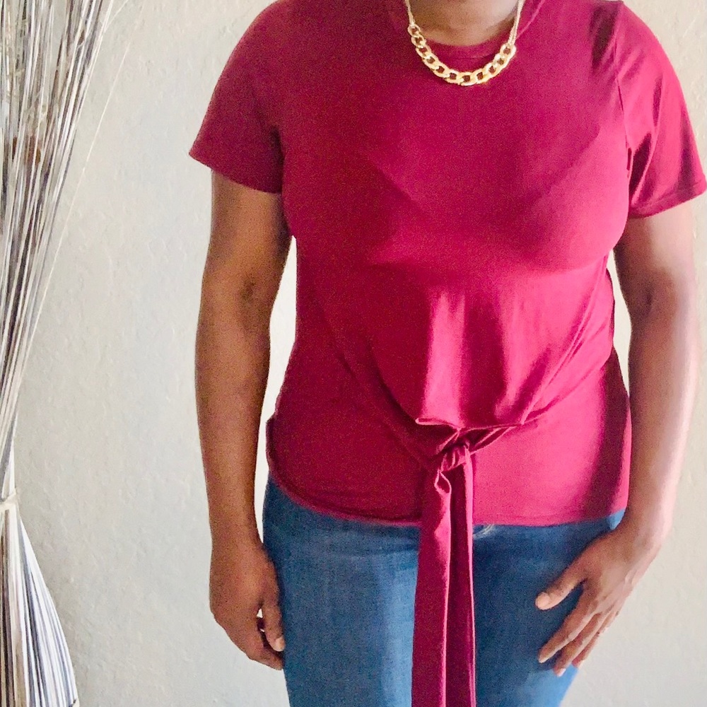 Burgundy front tie short sleeve shirt